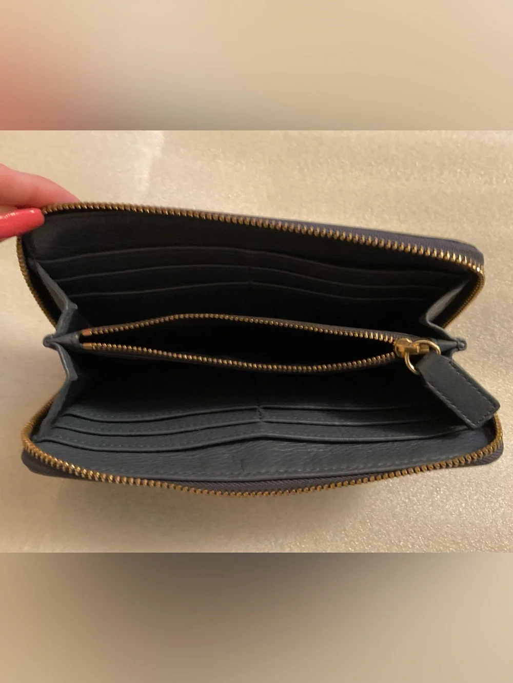 Tory Burch Miller Oversized Logo Long Zip Around Navy Pebbled Leather Wallet